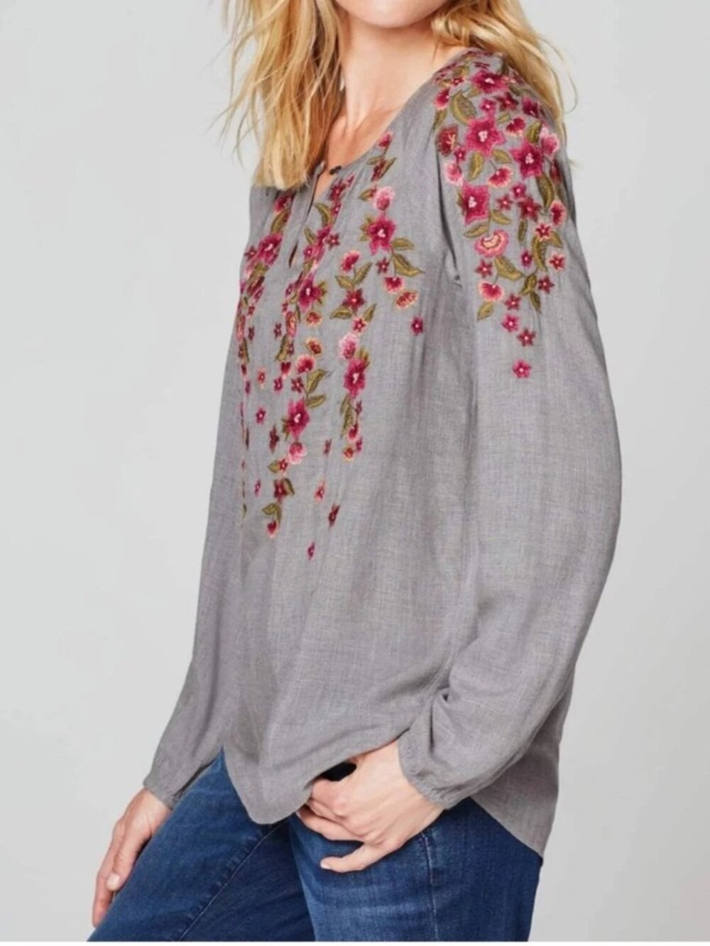 J Jill Embroidered Floral 3/4 Peasant Top Gray Red Front Button Keyhole-4X